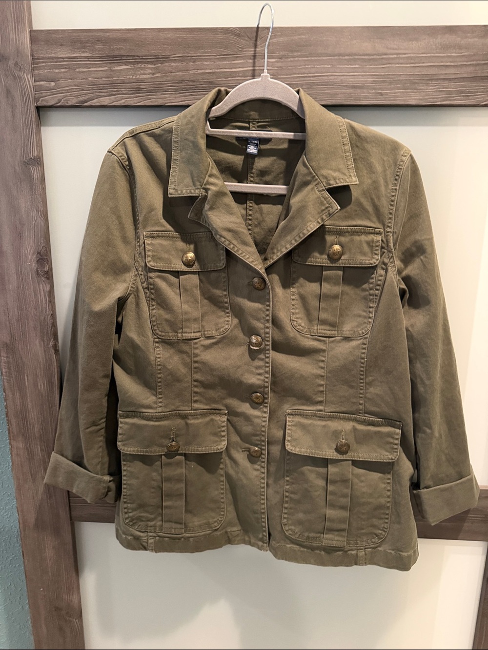 Chaps Olive Green Utility Jacket with Brass Buttons